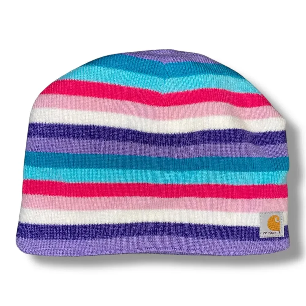 Carhartt Kids Youth Beanie Hat Striped Pink Purple Fleece Lined Winter CB8966